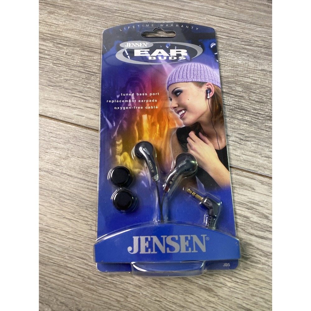 Jensen JB5 Wired Earbuds Black Tuned Bass Port 3.5mm Gold Plug Vintage New NIP
